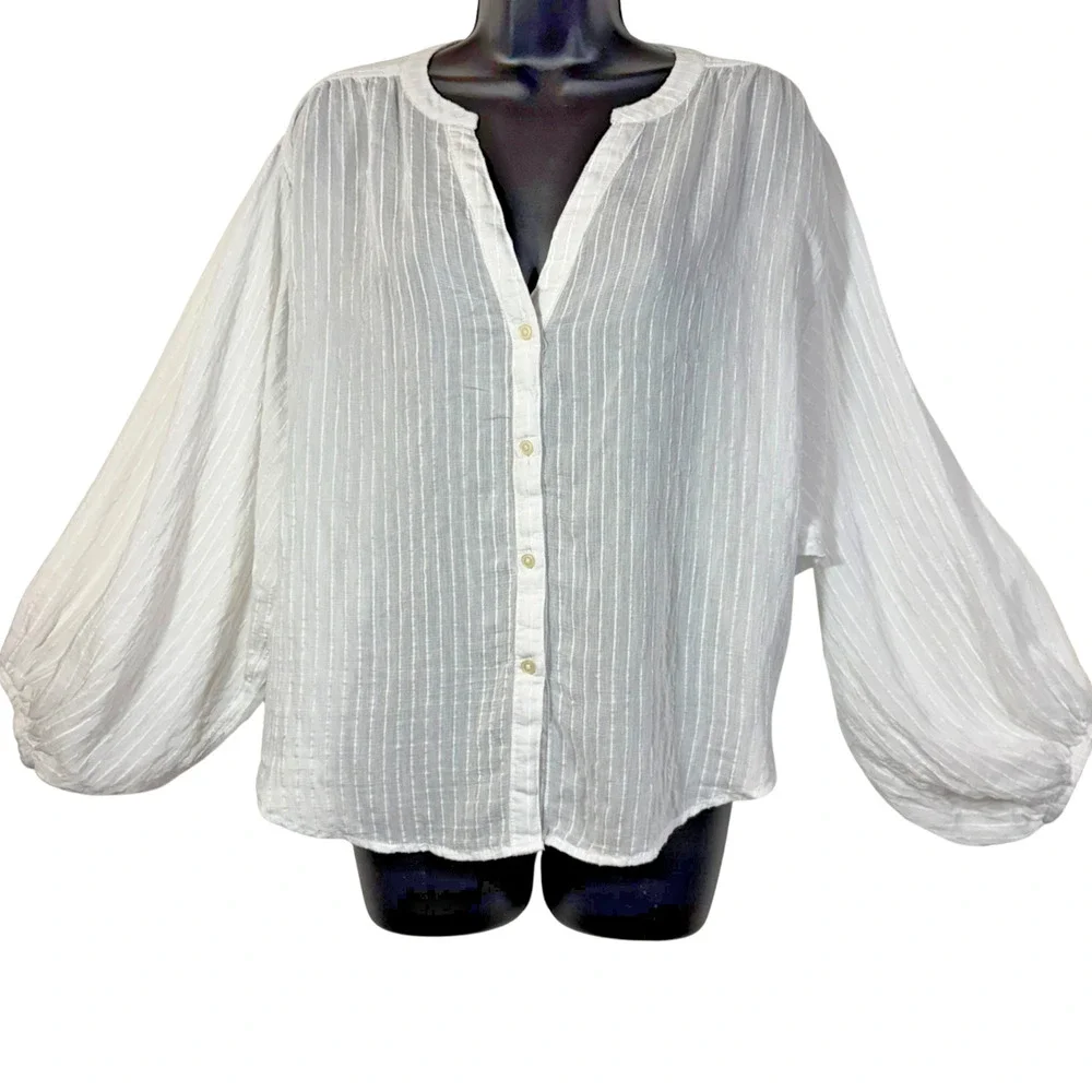 LOFT White Stripe Blouse Semi-Sheer Button Top V-Neck Long Puff Sleeve Small